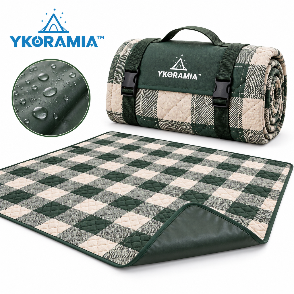 Ykoramia™ Meadow Fold – Quilted Picnic Blanket with Water-Resistant Backing, Foldable Outdoor Mat with Carry Handle for Parks & Camping