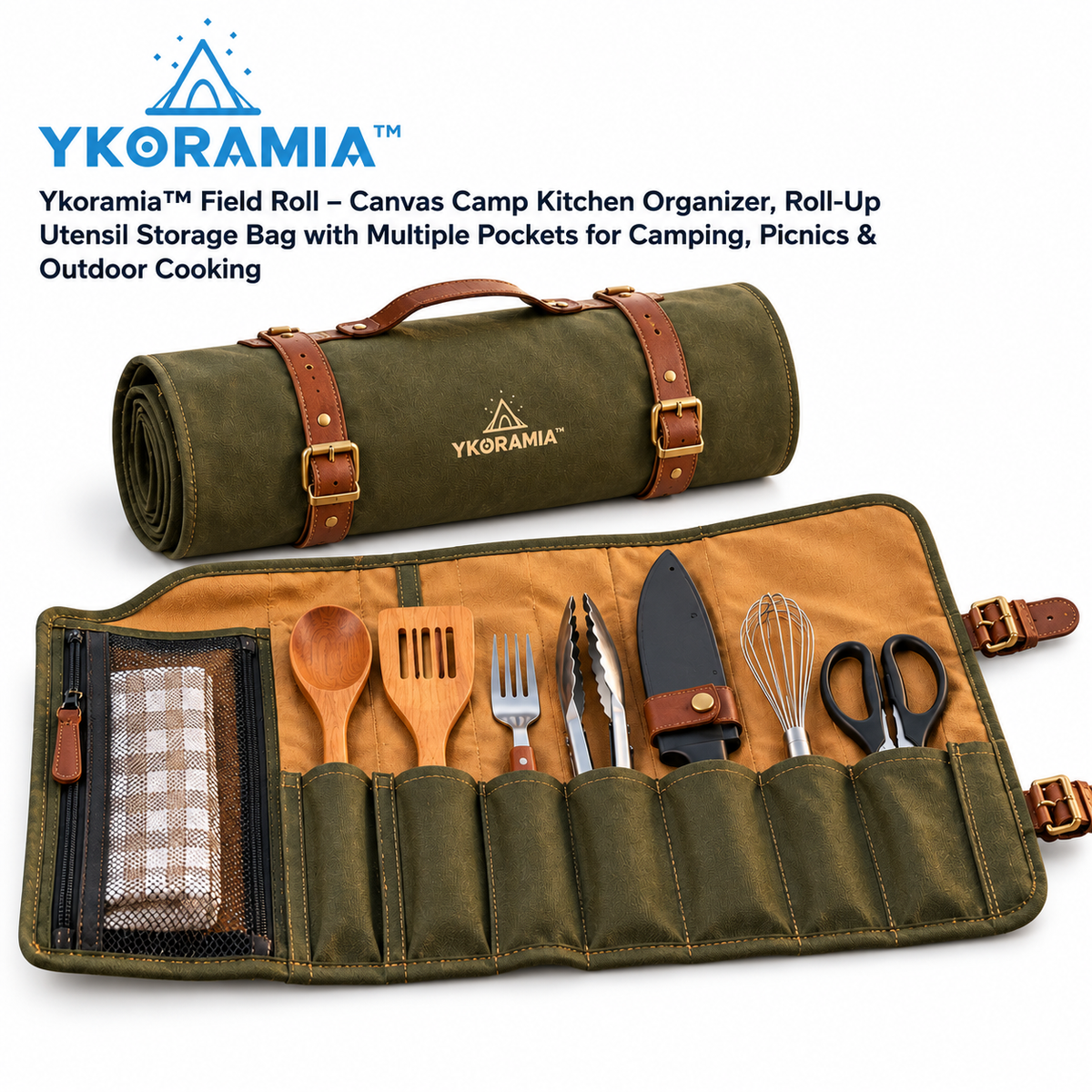 Ykoramia™ Field Roll – Canvas Camp Kitchen Organizer, Roll-Up Utensil Storage Bag with Multiple Pockets for Camping, Picnics & Outdoor Cooking
