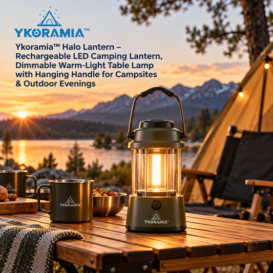 Ykoramia™ Halo Lantern – Rechargeable LED Camping Lantern, Dimmable Warm-Light Table Lamp with Hanging Handle for Campsites & Outdoor Evenings