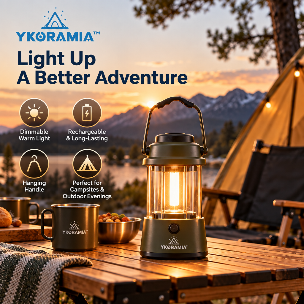 Ykoramia™ Halo Lantern – Rechargeable LED Camping Lantern, Dimmable Warm-Light Table Lamp with Hanging Handle for Campsites & Outdoor Evenings