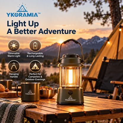 Ykoramia™ Halo Lantern – Rechargeable LED Camping Lantern, Dimmable Warm-Light Table Lamp with Hanging Handle for Campsites & Outdoor Evenings