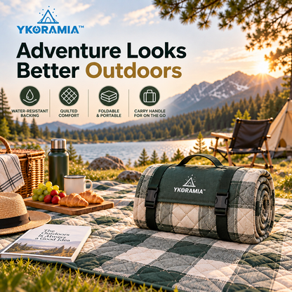 Ykoramia™ Meadow Fold – Quilted Picnic Blanket with Water-Resistant Backing, Foldable Outdoor Mat with Carry Handle for Parks & Camping