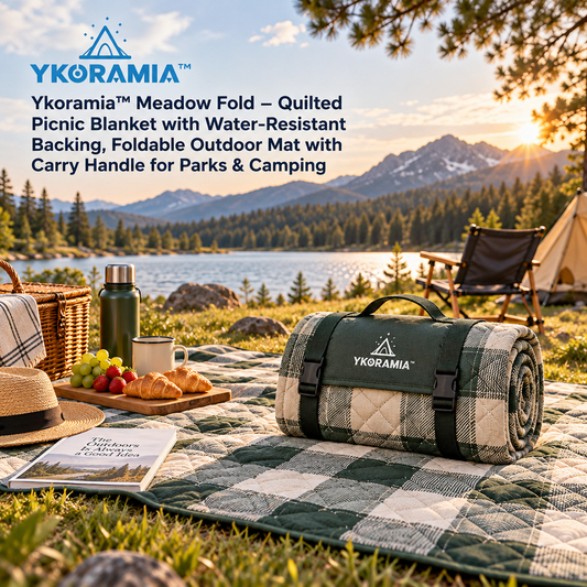 Ykoramia™ Meadow Fold – Quilted Picnic Blanket with Water-Resistant Backing, Foldable Outdoor Mat with Carry Handle for Parks & Camping