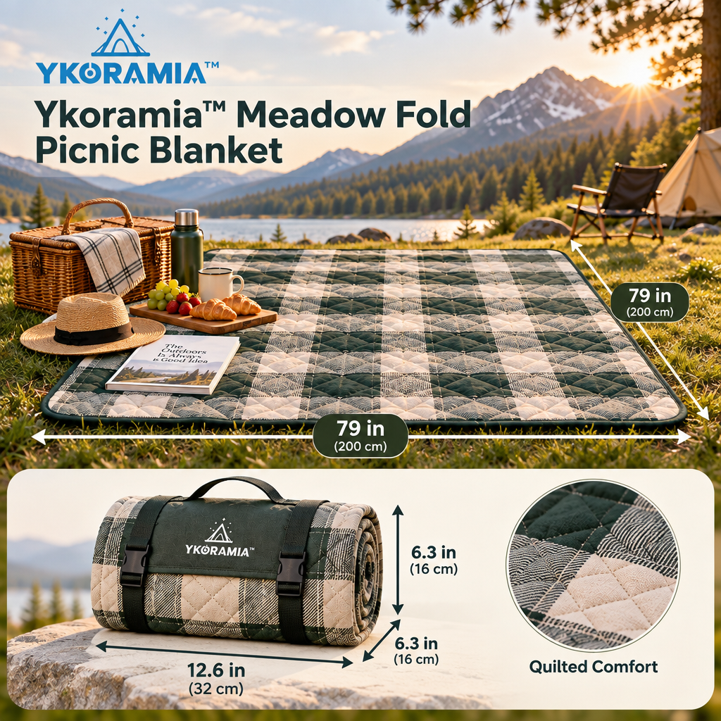 Ykoramia™ Meadow Fold – Quilted Picnic Blanket with Water-Resistant Backing, Foldable Outdoor Mat with Carry Handle for Parks & Camping