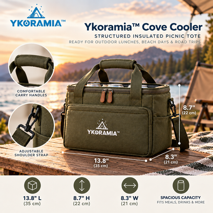 Ykoramia™ Cove Cooler – Structured Insulated Picnic Tote, Soft-Sided Cooler Bag for Outdoor Lunches, Beach Days & Road Trips