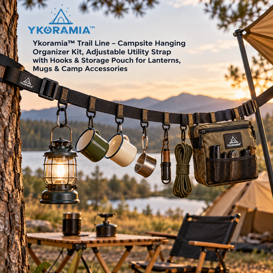Ykoramia™ Trail Line – Campsite Hanging Organizer Kit, Adjustable Utility Strap with Hooks & Storage Pouch for Lanterns, Mugs & Camp Accessories