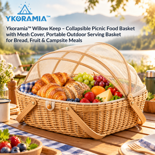 Ykoramia™ Willow Keep – Collapsible Picnic Food Basket with Mesh Cover, Portable Outdoor Serving Basket for Bread, Fruit & Campsite Meals