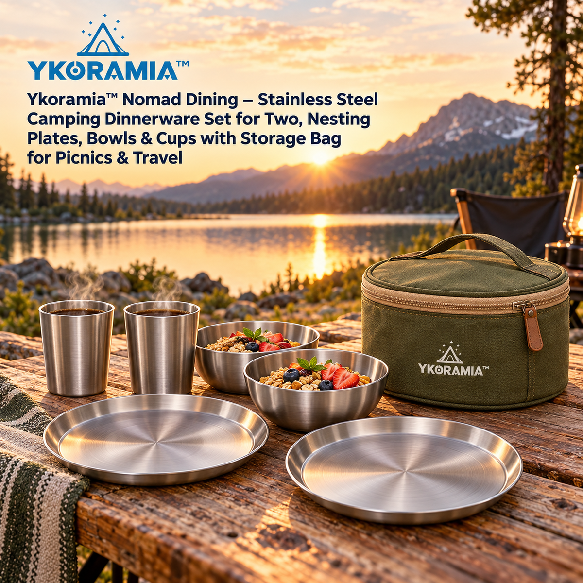 Ykoramia™ Nomad Dining – Stainless Steel Camping Dinnerware Set for Two, Nesting Plates, Bowls & Cups with Storage Bag for Picnics & Travel