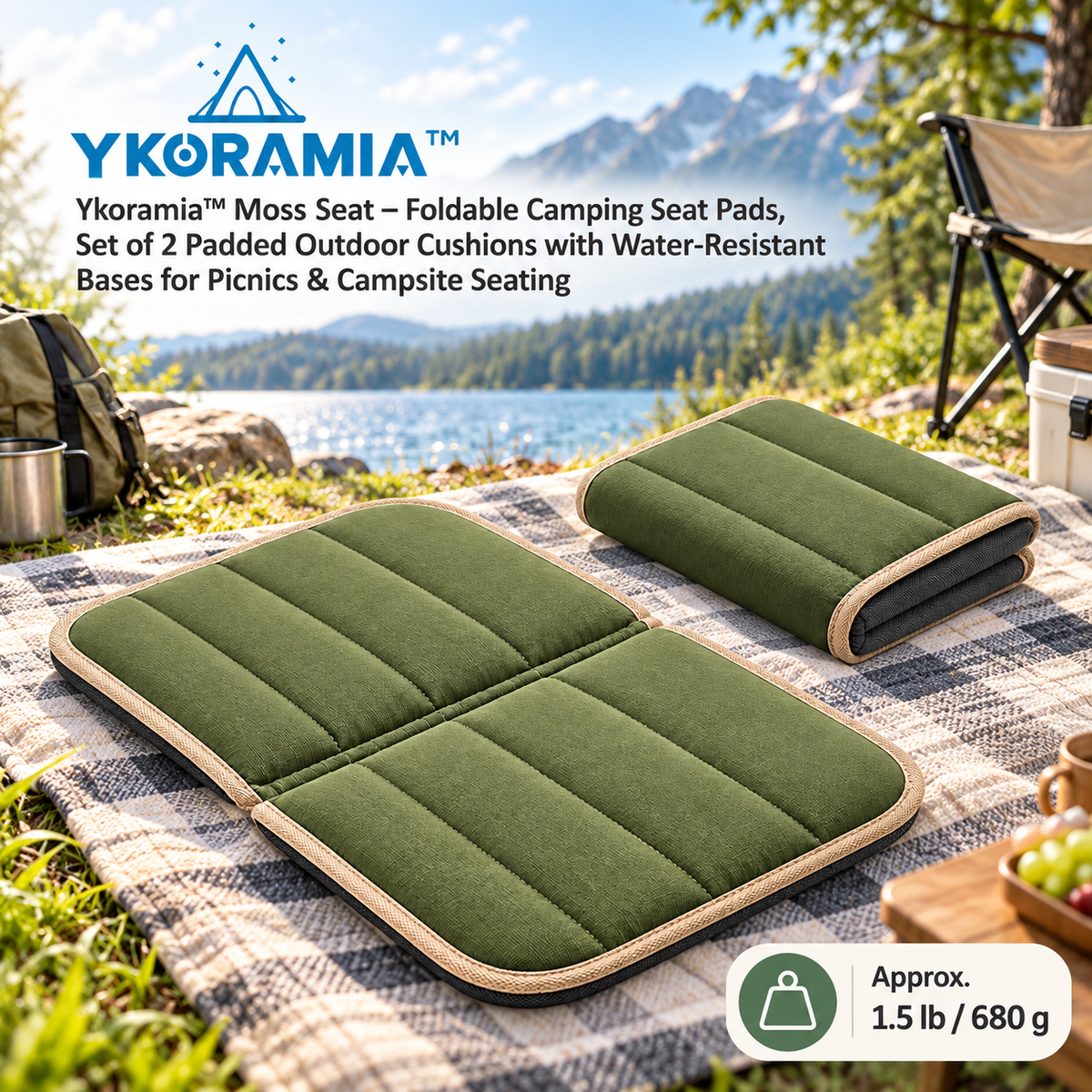 Ykoramia™ Moss Seat – Foldable Camping Seat Pads, Set of 2 Padded Outdoor Cushions with Water-Resistant Bases for Picnics & Campsite Seating