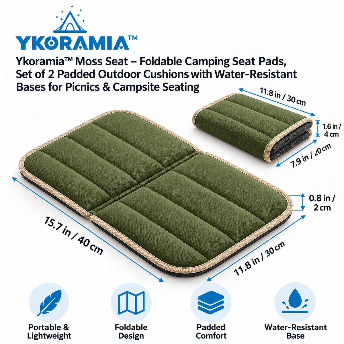 Ykoramia™ Moss Seat – Foldable Camping Seat Pads, Set of 2 Padded Outdoor Cushions with Water-Resistant Bases for Picnics & Campsite Seating