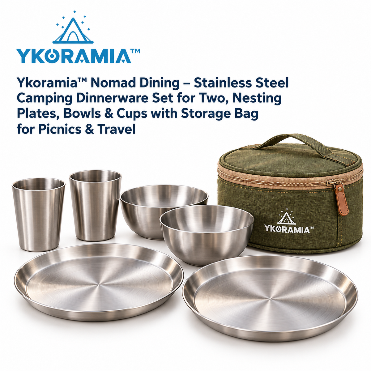 Ykoramia™ Nomad Dining – Stainless Steel Camping Dinnerware Set for Two, Nesting Plates, Bowls & Cups with Storage Bag for Picnics & Travel