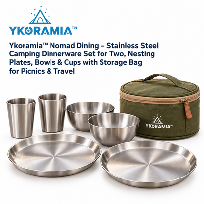 Ykoramia™ Nomad Dining – Stainless Steel Camping Dinnerware Set for Two, Nesting Plates, Bowls & Cups with Storage Bag for Picnics & Travel