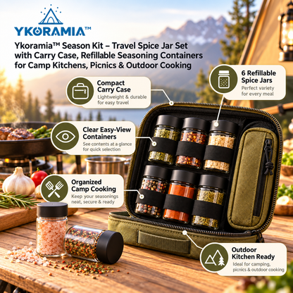 Ykoramia™ Season Kit – Travel Spice Jar Set with Carry Case, Refillable Seasoning Containers for Camp Kitchens, Picnics & Outdoor Cooking