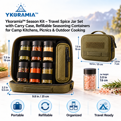 Ykoramia™ Season Kit – Travel Spice Jar Set with Carry Case, Refillable Seasoning Containers for Camp Kitchens, Picnics & Outdoor Cooking