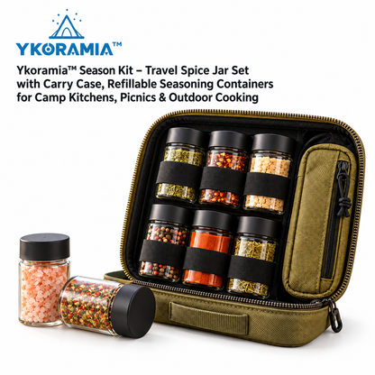 Ykoramia™ Season Kit – Travel Spice Jar Set with Carry Case, Refillable Seasoning Containers for Camp Kitchens, Picnics & Outdoor Cooking