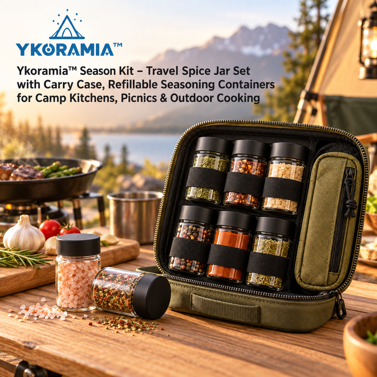 Ykoramia™ Season Kit – Travel Spice Jar Set with Carry Case, Refillable Seasoning Containers for Camp Kitchens, Picnics & Outdoor Cooking