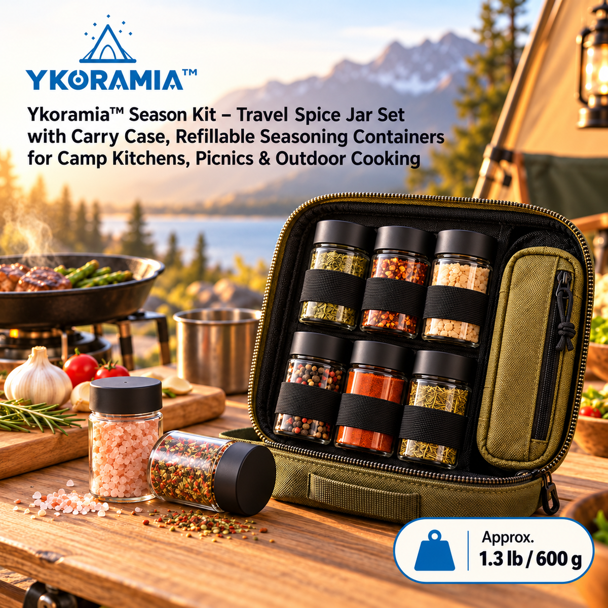 Ykoramia™ Season Kit – Travel Spice Jar Set with Carry Case, Refillable Seasoning Containers for Camp Kitchens, Picnics & Outdoor Cooking