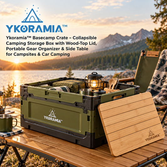 Ykoramia™ Basecamp Crate – Collapsible Camping Storage Box with Wood-Top Lid, Portable Gear Organizer & Side Table for Campsites & Car Camping