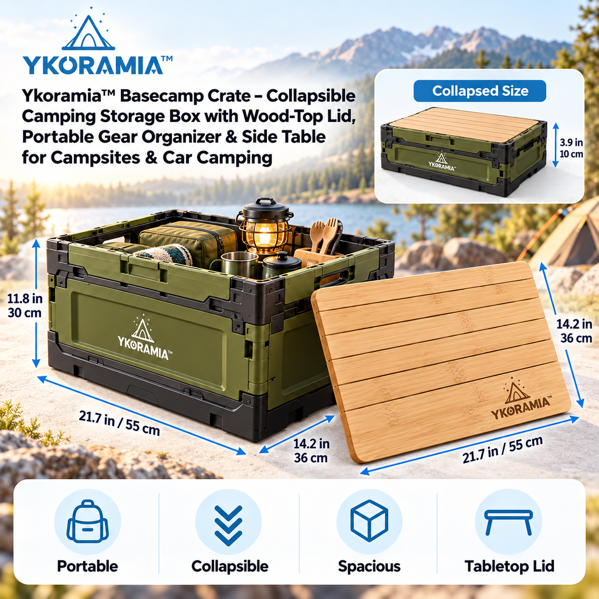Ykoramia™ Basecamp Crate – Collapsible Camping Storage Box with Wood-Top Lid, Portable Gear Organizer & Side Table for Campsites & Car Camping