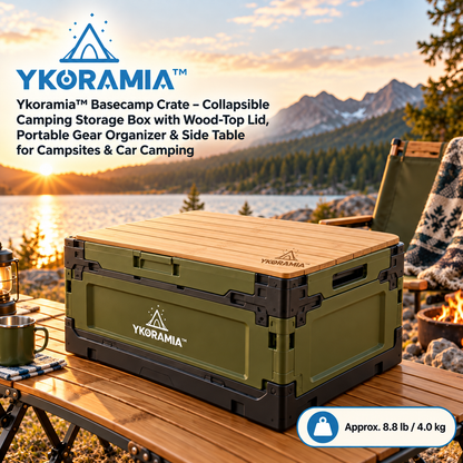 Ykoramia™ Basecamp Crate – Collapsible Camping Storage Box with Wood-Top Lid, Portable Gear Organizer & Side Table for Campsites & Car Camping