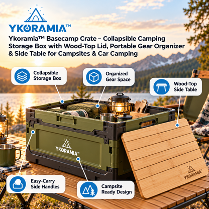 Ykoramia™ Basecamp Crate – Collapsible Camping Storage Box with Wood-Top Lid, Portable Gear Organizer & Side Table for Campsites & Car Camping