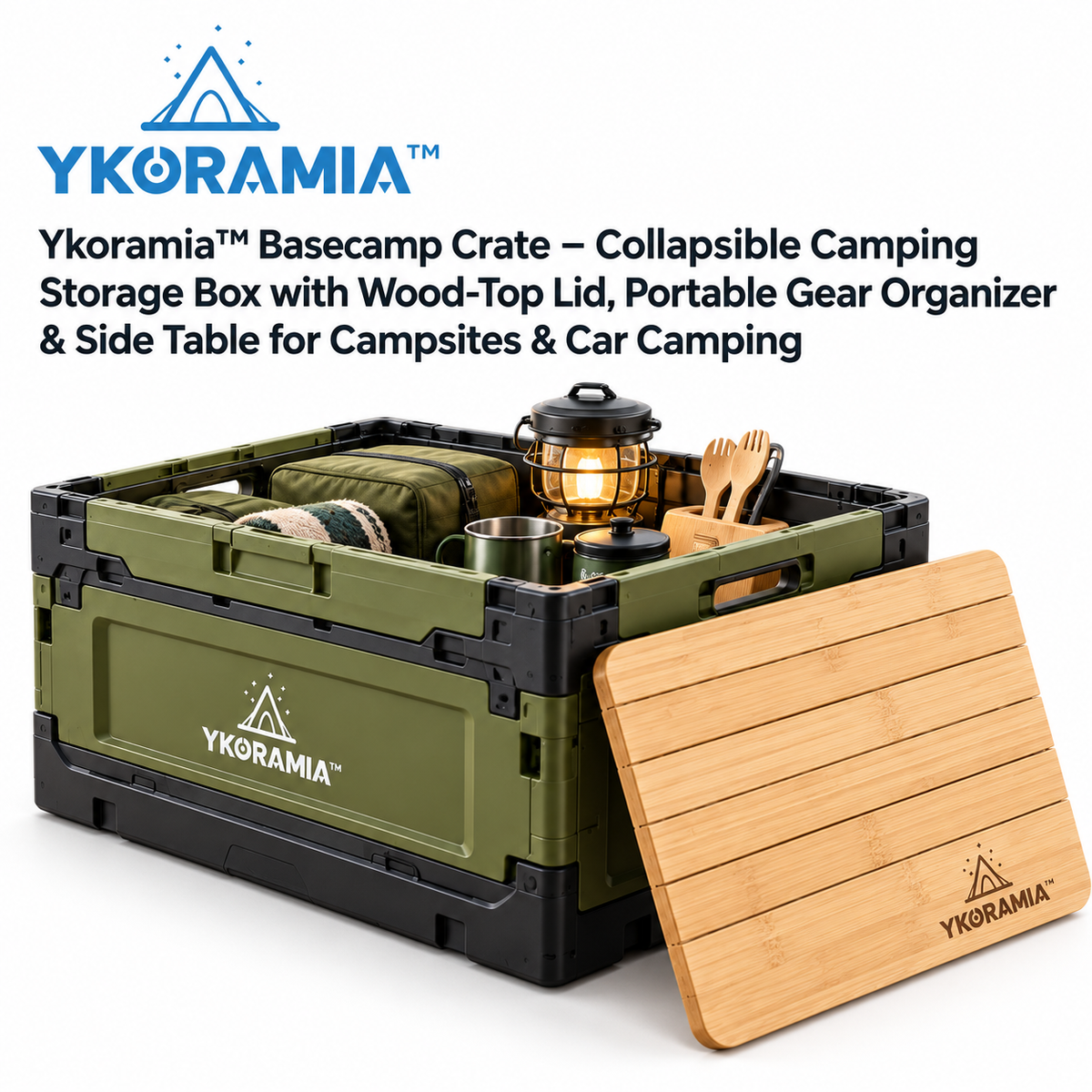 Ykoramia™ Basecamp Crate – Collapsible Camping Storage Box with Wood-Top Lid, Portable Gear Organizer & Side Table for Campsites & Car Camping