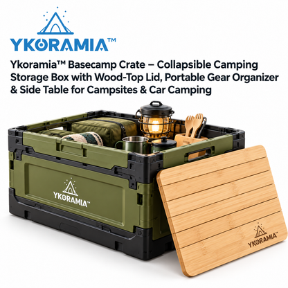 Ykoramia™ Basecamp Crate – Collapsible Camping Storage Box with Wood-Top Lid, Portable Gear Organizer & Side Table for Campsites & Car Camping