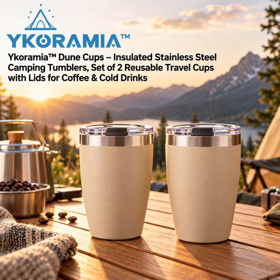 Ykoramia™ Dune Cups – Insulated Stainless Steel Camping Tumblers, Set of 2 Reusable Travel Cups with Lids for Coffee & Cold Drinks