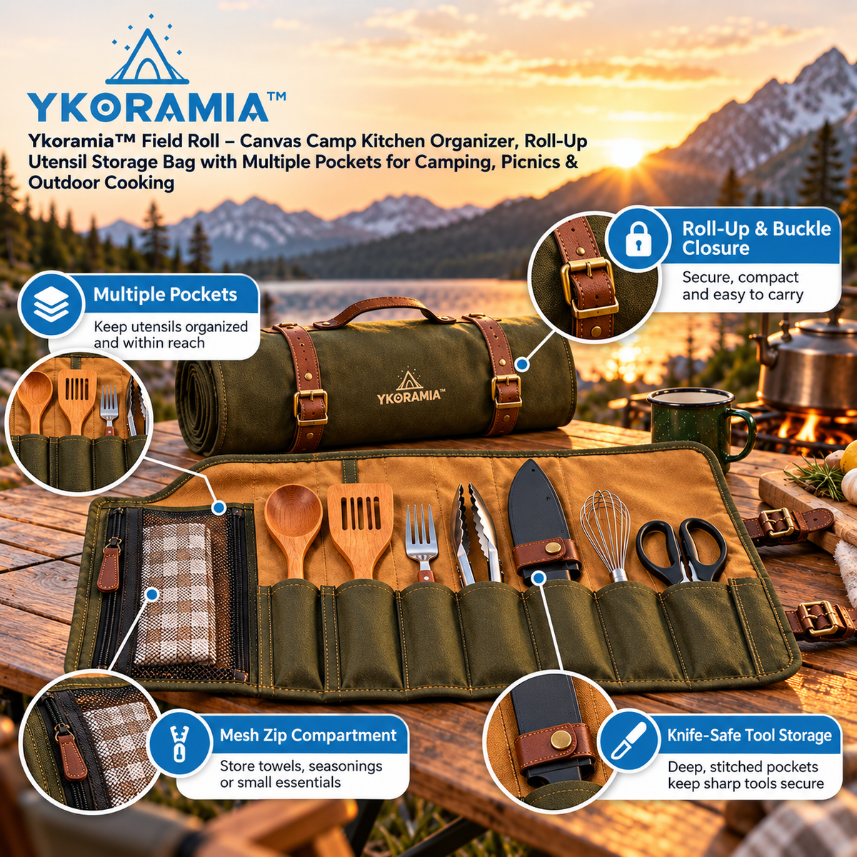 Ykoramia™ Field Roll – Canvas Camp Kitchen Organizer, Roll-Up Utensil Storage Bag with Multiple Pockets for Camping, Picnics & Outdoor Cooking