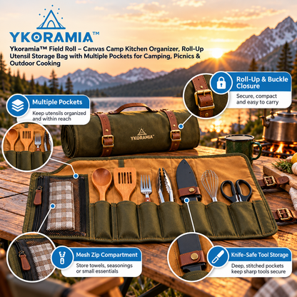 Ykoramia™ Field Roll – Canvas Camp Kitchen Organizer, Roll-Up Utensil Storage Bag with Multiple Pockets for Camping, Picnics & Outdoor Cooking