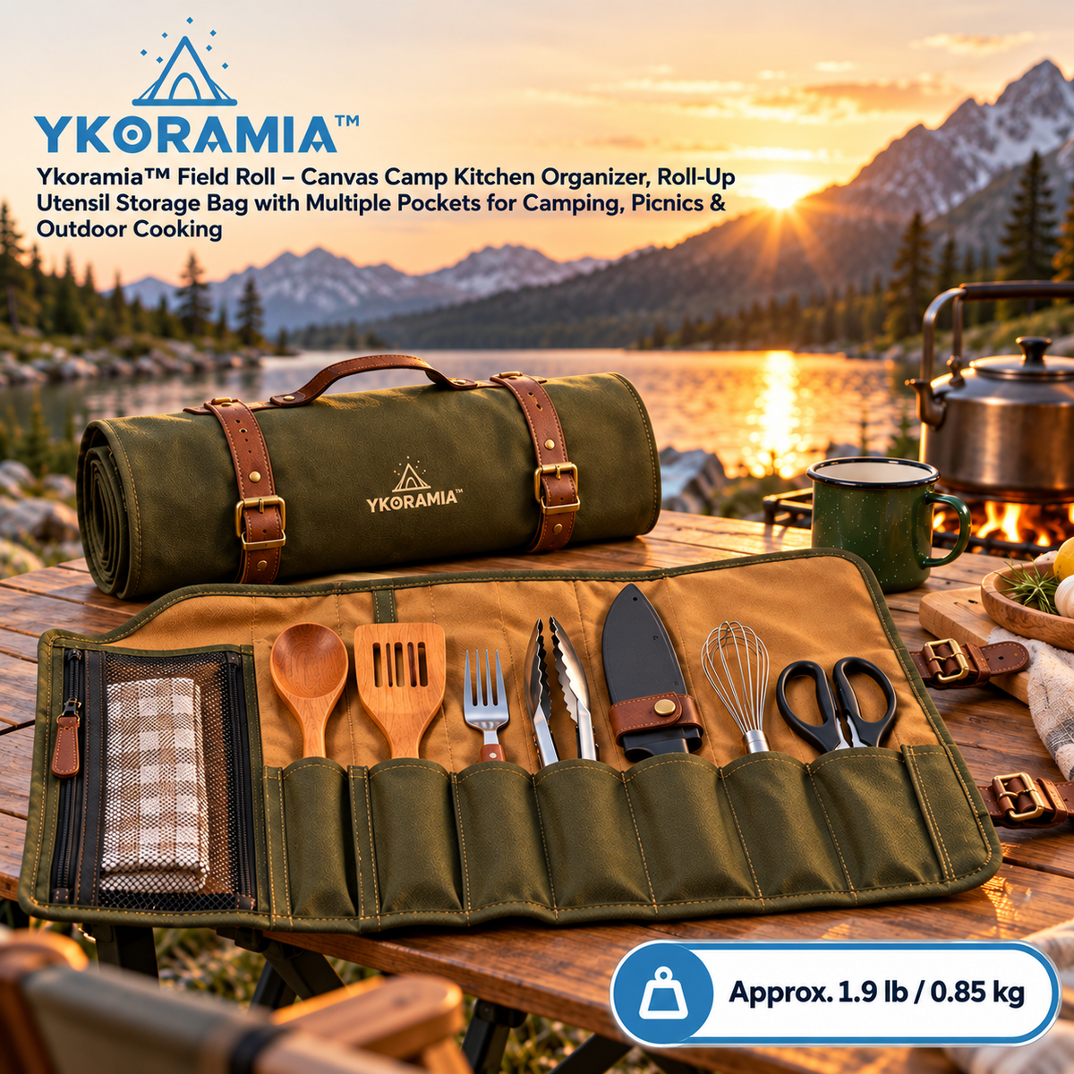 Ykoramia™ Field Roll – Canvas Camp Kitchen Organizer, Roll-Up Utensil Storage Bag with Multiple Pockets for Camping, Picnics & Outdoor Cooking