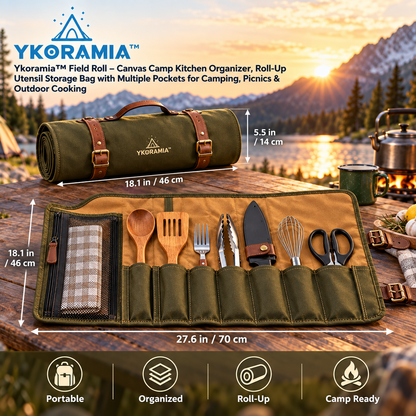 Ykoramia™ Field Roll – Canvas Camp Kitchen Organizer, Roll-Up Utensil Storage Bag with Multiple Pockets for Camping, Picnics & Outdoor Cooking