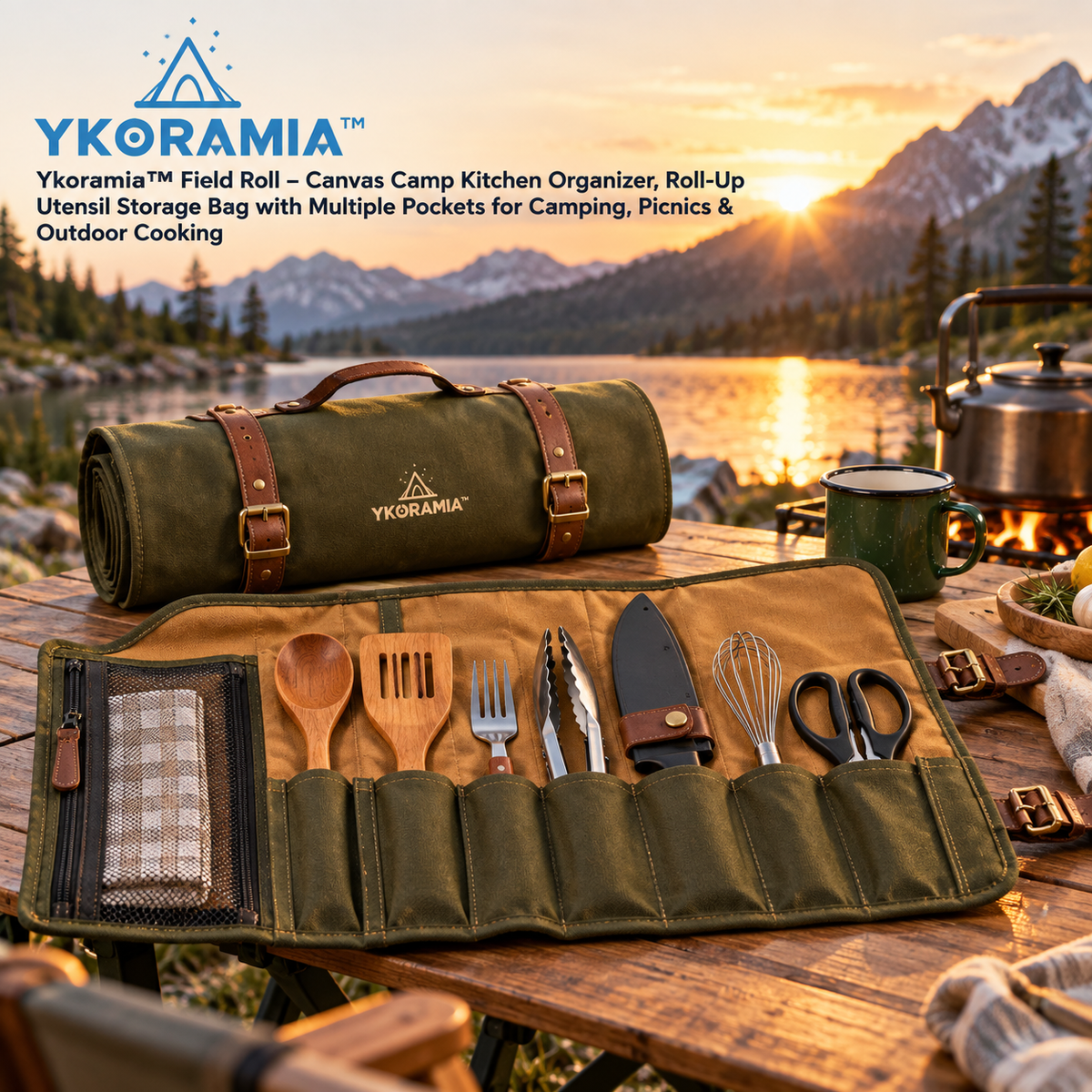 Ykoramia™ Field Roll – Canvas Camp Kitchen Organizer, Roll-Up Utensil Storage Bag with Multiple Pockets for Camping, Picnics & Outdoor Cooking