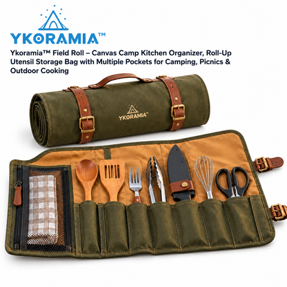 Ykoramia™ Field Roll – Canvas Camp Kitchen Organizer, Roll-Up Utensil Storage Bag with Multiple Pockets for Camping, Picnics & Outdoor Cooking