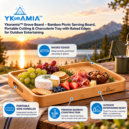Ykoramia™ Grove Board – Bamboo Picnic Serving Board, Portable Cutting & Charcuterie Tray with Raised Edges for Outdoor Entertaining