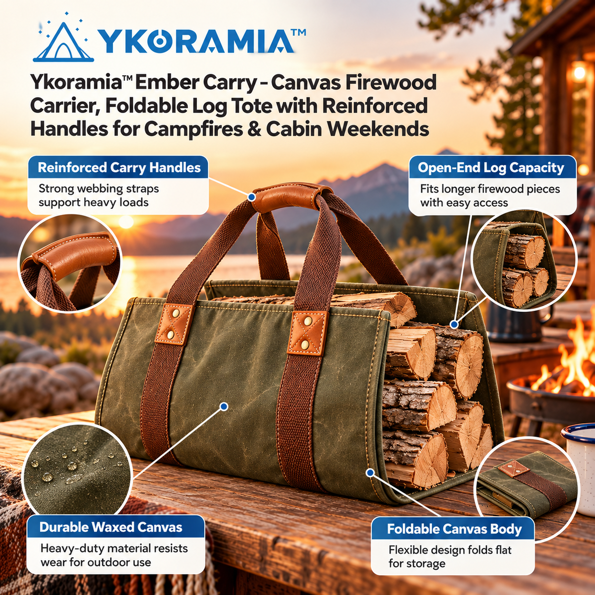 Ykoramia™ Ember Carry – Canvas Firewood Carrier, Foldable Log Tote with Reinforced Handles for Campfires & Cabin Weekends