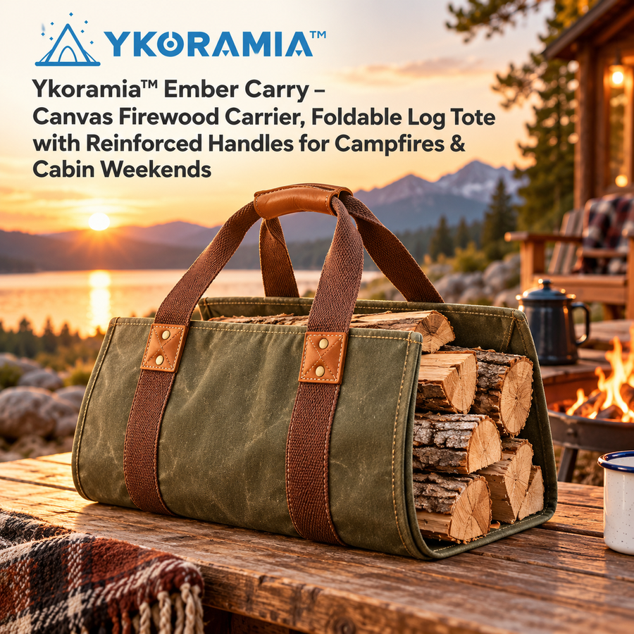 Ykoramia™ Ember Carry – Canvas Firewood Carrier, Foldable Log Tote with Reinforced Handles for Campfires & Cabin Weekends