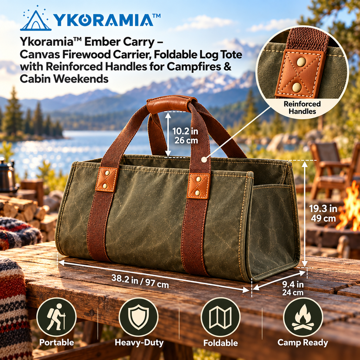 Ykoramia™ Ember Carry – Canvas Firewood Carrier, Foldable Log Tote with Reinforced Handles for Campfires & Cabin Weekends