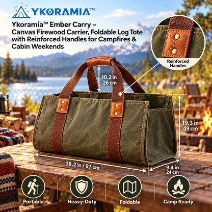 Ykoramia™ Ember Carry – Canvas Firewood Carrier, Foldable Log Tote with Reinforced Handles for Campfires & Cabin Weekends