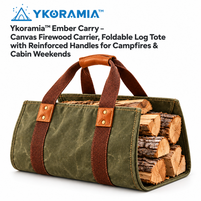 Ykoramia™ Ember Carry – Canvas Firewood Carrier, Foldable Log Tote with Reinforced Handles for Campfires & Cabin Weekends