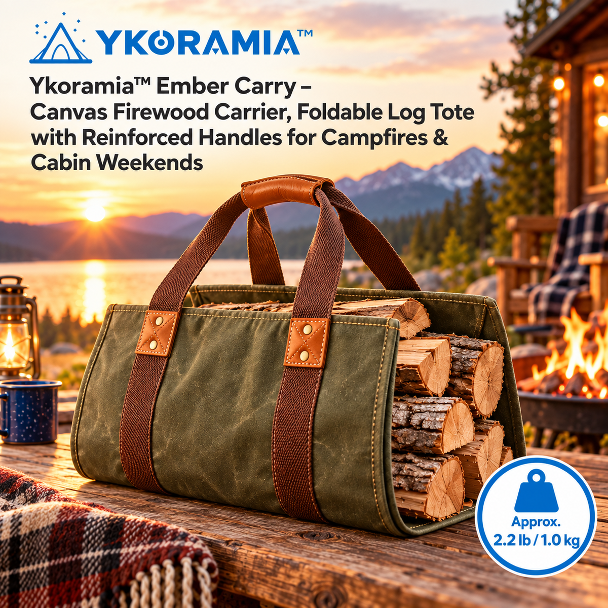 Ykoramia™ Ember Carry – Canvas Firewood Carrier, Foldable Log Tote with Reinforced Handles for Campfires & Cabin Weekends
