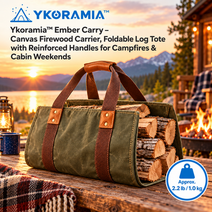 Ykoramia™ Ember Carry – Canvas Firewood Carrier, Foldable Log Tote with Reinforced Handles for Campfires & Cabin Weekends