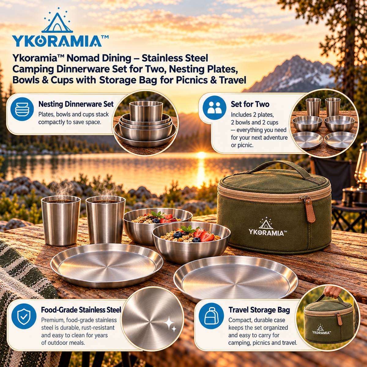 Ykoramia™ Nomad Dining – Stainless Steel Camping Dinnerware Set for Two, Nesting Plates, Bowls & Cups with Storage Bag for Picnics & Travel