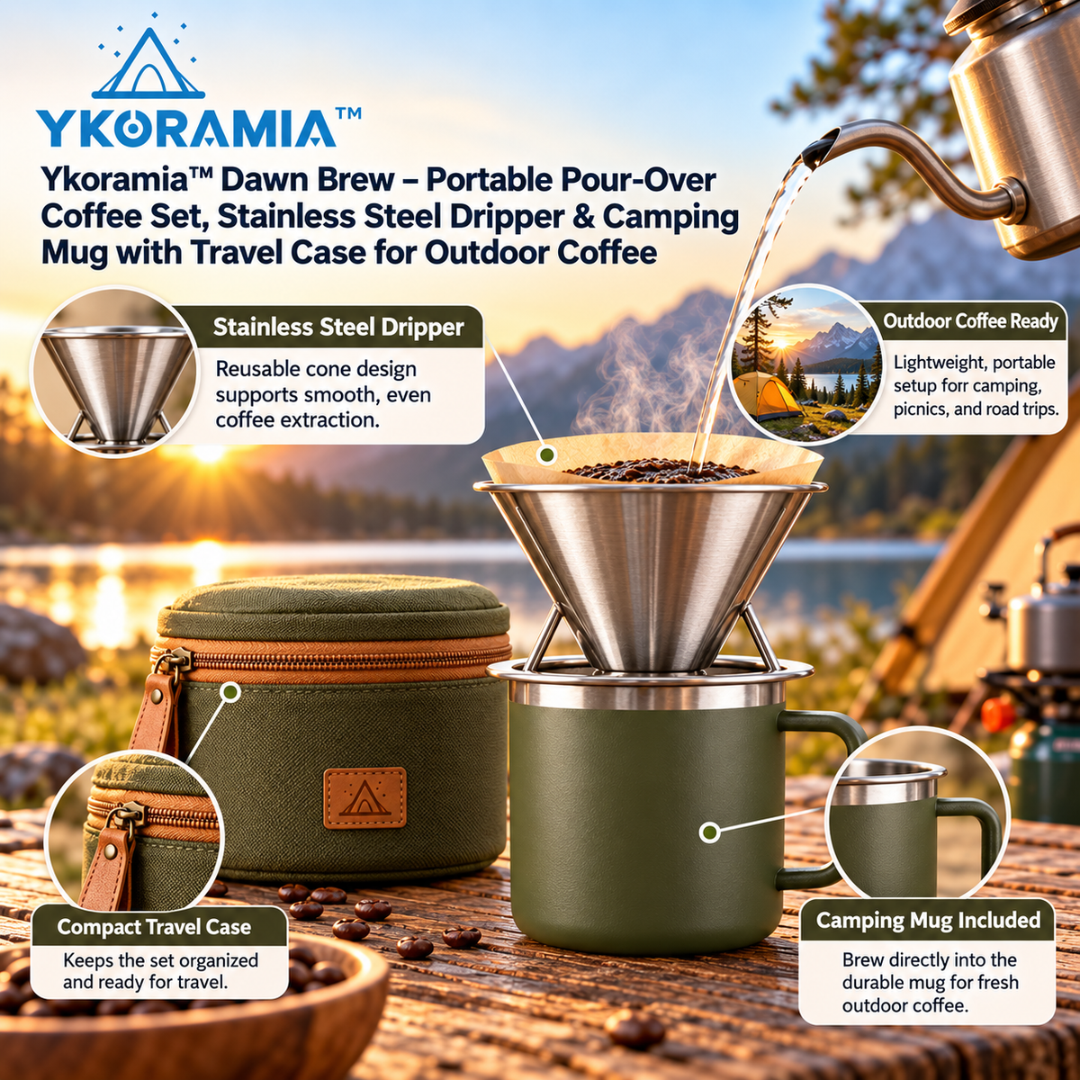 Ykoramia™ Dawn Brew – Portable Pour-Over Coffee Set, Stainless Steel Dripper & Camping Mug with Travel Case for Outdoor Coffee