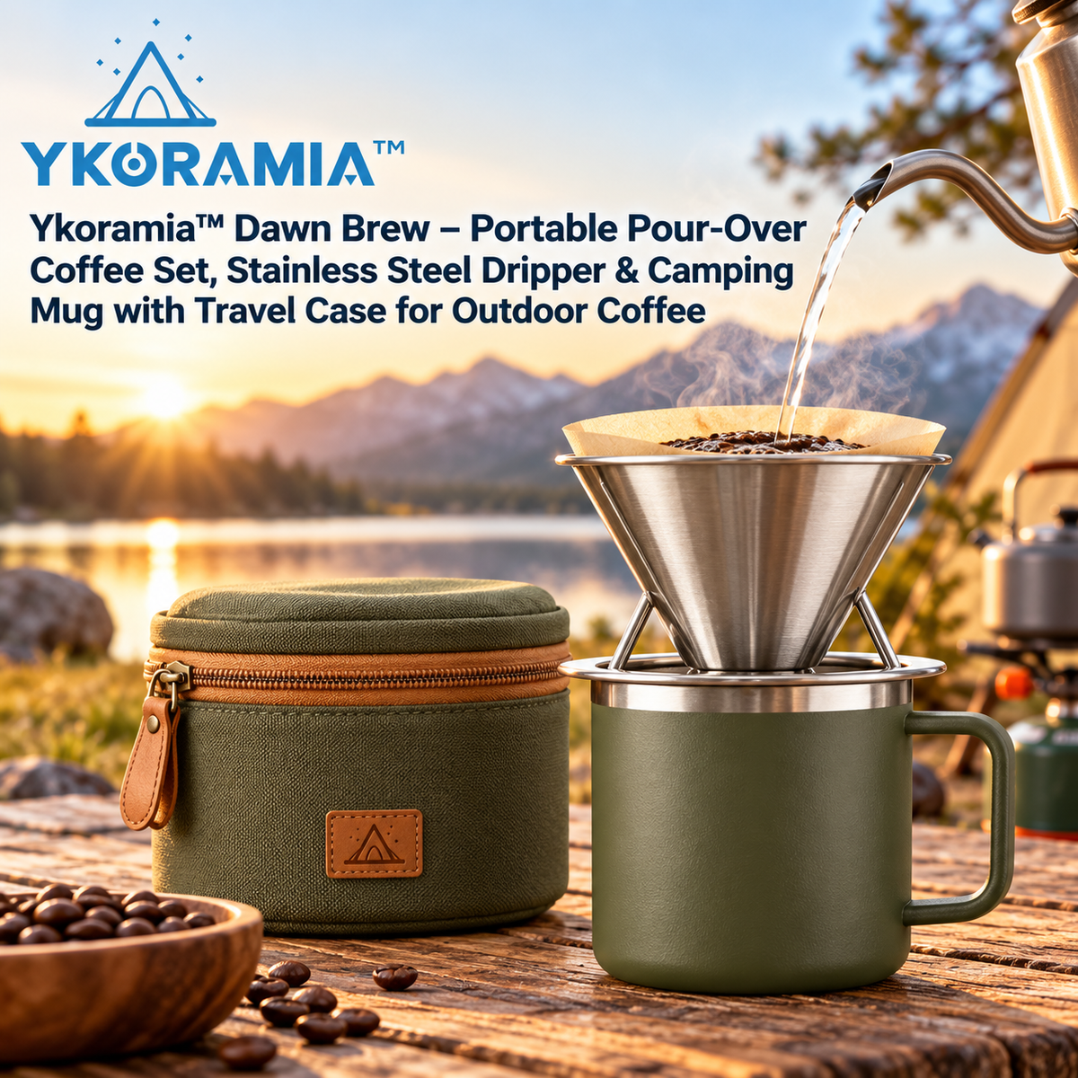 Ykoramia™ Dawn Brew – Portable Pour-Over Coffee Set, Stainless Steel Dripper & Camping Mug with Travel Case for Outdoor Coffee