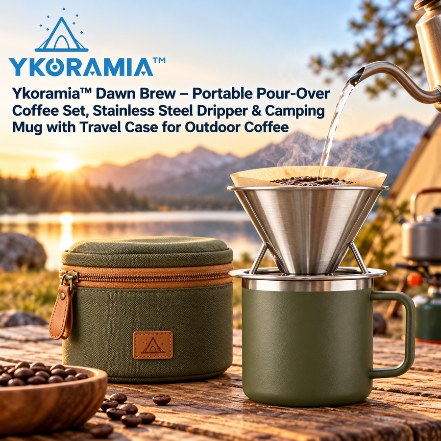 Ykoramia™ Dawn Brew – Portable Pour-Over Coffee Set, Stainless Steel Dripper & Camping Mug with Travel Case for Outdoor Coffee