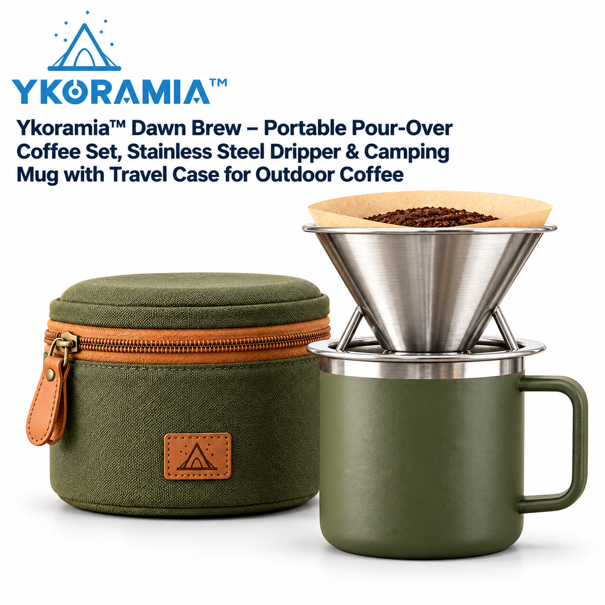 Ykoramia™ Dawn Brew – Portable Pour-Over Coffee Set, Stainless Steel Dripper & Camping Mug with Travel Case for Outdoor Coffee