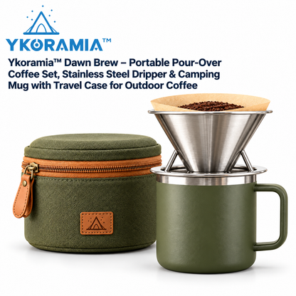 Ykoramia™ Dawn Brew – Portable Pour-Over Coffee Set, Stainless Steel Dripper & Camping Mug with Travel Case for Outdoor Coffee