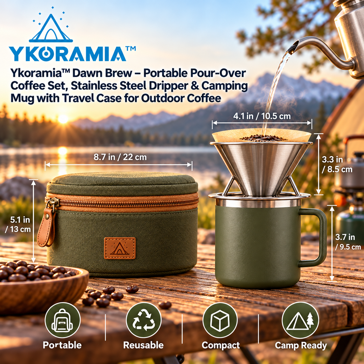 Ykoramia™ Dawn Brew – Portable Pour-Over Coffee Set, Stainless Steel Dripper & Camping Mug with Travel Case for Outdoor Coffee