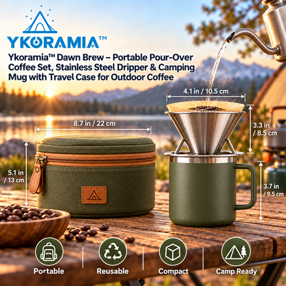 Ykoramia™ Dawn Brew – Portable Pour-Over Coffee Set, Stainless Steel Dripper & Camping Mug with Travel Case for Outdoor Coffee